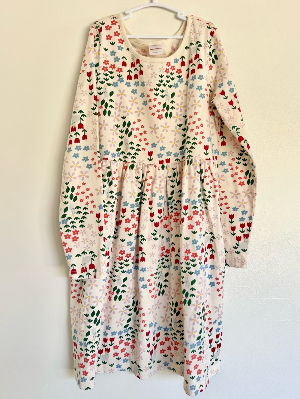 Floral Meadow Print Long Sleeve Dress - Cream Base with Red & Green Flowers